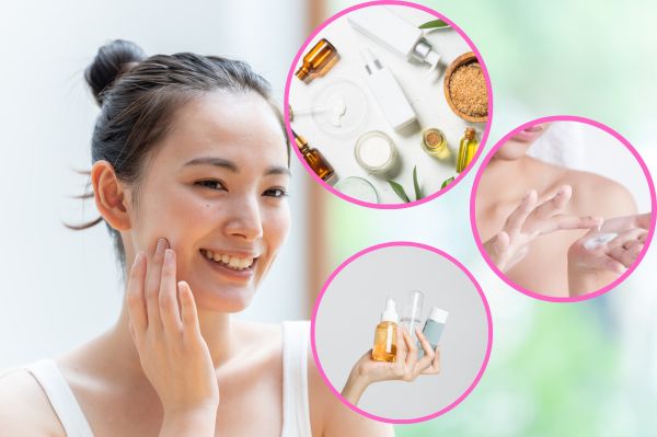 スキンケアについて考える笑顔の女性